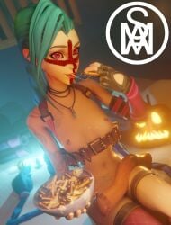 1girls 3d bed blood blue_hair bullet bullets cross cum dildo female gloves halloween horsecock horsecock_dildo jinx_(league_of_legends) league_of_legends looking_at_viewer middlemansfm nipple_piercing nipples pink_eyes pumpkin solo solo_female solo_focus topless