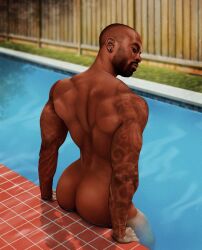 african african_male ass back_muscles butt dark-skinned_male dark_skin instagram_model kevin_carnell looking_back male male_focus male_only meathook_magazine melanin muscles muscular muscular_male outdoors outside pool poolside real_person tattoos water