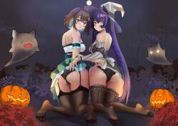 2girls animal_ears ass back_view blush dress dress_lift estebaneishon1 eternals_(idol_corp) female female_only former_idol_corp_member full_body ghost halloween halloween_costume hand_on_another's_ass hat heterochromia highres idol_corp idol_es indie_virtual_youtuber latam_virtual_youtuber light-skinned_male light_skin lingerie long_hair looking_at_viewer looking_back mai_noboshi meica moon night on_knees pumpkin purple_eyes purple_hair short_hair smiling_at_viewer thighhighs thong two_tone_hair virtual_youtuber vjin vtuber witch_hat