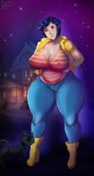 1girls aged_up alternate_version_available big_breasts blue_hair boots brown_eyes cleavage clothed clothed_female clothing coraline coraline_jones curvy female female_focus freckles huge_breasts jeans large_breasts light-skinned_female light_skin mature_female nail_polish nipples skd thick_thighs wide_hips