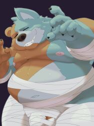 0ottotto0 2023 3:4 absurd_res anthro bear belly big_belly black_nose brown_body closed_eyes halloween halloween_costume hi_res holidays humanoid_hands kemono male mammal moobs mummy_costume navel nipples overweight overweight_male simple_background solo