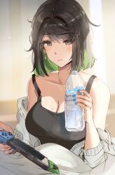 1girls bare_shoulders black_hair blue_nails blush bottle breasts cleavage closed_mouth collarbone commentary female fingernails game_console green_eyes hair_ornament hairclip handheld_game_console highres holding lips looking_at_viewer medium_breasts messy_hair miru_(ormille) mole mole_on_breast mole_under_eye multicolored_hair nail_polish nintendo_switch off_shoulder original ormille plastic_bottle short_hair simple_background solo two-tone_hair water_bottle