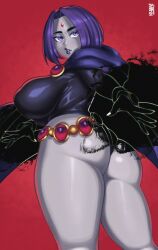 1girls 2023 2d ass big_breasts breasts clothed clothing color dc dc_comics female female_only flatillustratorkhan forehead_jewel grey_body grey_skin howardk large_breasts looking_at_viewer looking_back looking_back_at_viewer purple_eyes purple_hair purple_lipstick rachel_roth raven_(dc) red_background simple_background solo solo_female superheroine teen_titans thick_thighs thighs