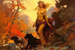 ai_generated autumn blonde_hair blush brown_eyes caucasian_female dogs female_only ghost_nipples medium_breasts midjourney mostly_nude outdoors outdoors_nudity sunset tasteful topless wind_in_hair