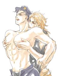 2boys age_difference black_hair black_hair_bottom blonde_hair blonde_hair_on_black_hair blonde_hair_top dio_brando domination gay jojo's_bizarre_adventure jotaro_kujo light_hair_on_dark_hair male male/male male_only muscular_male stardust_crusaders touching_chest unzipped_pants yaoi younger_male