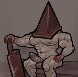 1boy 2023 balls bara bara_tits barazoku big_balls big_penis completely_nude erection gay hard_on hi_res highres male male_focus male_nipples male_only manly milkvislon muscular_male nipples nude penis pyramid_head silent_hill silent_hill_2 solo solo_male yaoi