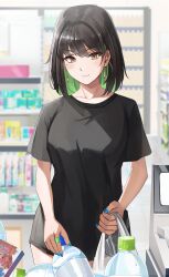 1girl 1girls absurdres black_hair breasts brown_eyes closed_mouth collarbone colored_inner_hair convenience_store earrings female green_hair hair_intakes highres indoors jewelry large_breasts looking_at_viewer miru_(ormille) mole mole_on_breast mole_under_eye multicolored_hair no_pants original original_character ormille shirt shop short_hair smile solo tagme two-tone_hair two_tone_hair