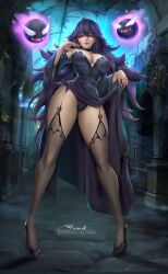 1girls artist_name big_breasts black_nails breasts cleavage clothes_lift detached_sleeves dress dress_lift felox08 garter_straps goth goth_mommy halloween hex_maniac high_heels lips long_hair long_legs looking_down mausoleum naughty_face panties patreon_username pokemon purple_eyes sleeves stockings tombstone tongue tongue_out