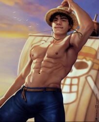 1boy actor armpit_hair bulge celebrity hispanic hispanic_male iñaki_godoy in_character latino male male_only monkey_d_luffy muscles muscular muscular_male nerdyart netflix one_piece one_piece_(live_action) shirtless_male twunk