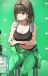 1girl 1girls arm_under_breasts black_hair bodysuit breasts brown_eyes brown_hair chair cleavage collarbone colored_inner_hair crop_top female green_bodysuit green_hair green_screen hair_intakes hair_ornament hairclip highres large_breasts looking_at_viewer medium_hair midriff miru_(ormille) mole mole_on_breast multicolored_hair navel original original_character ormille shirt sitting sleeveless sleeveless_shirt solo sweat tagme two-tone_hair two_tone_hair undressing viewfinder