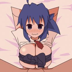 1boy 1girls animated bed bed_sheet bedroom bedroom_sex between_breasts blue_eyes blue_hair blush breasts breasts_out cum cum_on_face cum_on_penis cumming_from_paizuri cumshot dubious_consent ejaculation ejaculation_between_breasts gif hakayu large_breasts looking_at_viewer necktie ode-chan_(odecchi) original paizuri paizuri_facial penis ponytail shirt_lift straddling_paizuri straight titjob uncensored uncensored_penis wavy_mouth