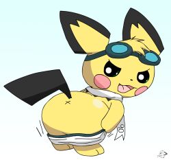 2020 anus anus_only artist_logo ass bent_over big_butt butt_focus clothing eyewear eyewear_on_head feral fur generation_2_pokemon goggles goggles_on_head gradient_background hi_res logo looking_at_viewer looking_back looking_back_at_viewer male male_only mooning nintendo pichu pichu90 pokemon pokemon_(species) presenting_anus presenting_hindquarters scarf simple_background solo sparks_pichu underwear white_scarf x_anus yellow_body yellow_fur