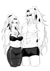 1boy 1girls bra brother_and_sister cleavage demon_slayer female genderswap_(mtf) jie kimetsu_no_yaiba long_hair long_hair_male looking_at_another looking_at_viewer male michikatsu_tsugikuni monochrome muscular_male pantyhose ponytail rule_63 siblings sketch sunglasses topless topless_male very_long_hair yoriichi_tsugikuni