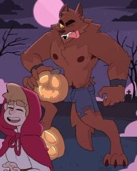 2020 2boys bara barazoku clothing costume gay hairy halloween halloween_costume helkan_(yows) hi_res highres holidays jack-o'-lantern jack_o'_lantern male male/male male_focus male_nipples male_only manly max_(yows) nipples pumpkin solo_male twitter_user_oc werewolf wolf yaoi yows