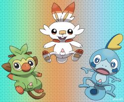 anus balls blue_body blue_eyes feral fur generation_8_pokemon genitals green_body green_fur grookey group male nintendo pattern_background penis pichu90 pokemon pokemon_(species) scorbunny simple_background sobble starter_trio tapering_penis trio white_body white_fur