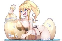 1girls arched_back artist_name ass bandaid bare_shoulders bikini black_bikini blonde_hair blue_eyes blush braid breast_press breasts cleavage cowboy_shot cowgirl_position curvy darkness_(konosuba) drooling english_text floating floating_object food fruit hair_between_eyes hair_ornament hotvr inflatable_toy kono_subarashii_sekai_ni_shukufuku_wo! large_breasts long_hair naughty_face o-ring open_mouth patreon_username pixiv_username riding see-through simple_background smile solo spread_legs squeezing straddling swimsuit thick_thighs thighs transparent water wet white_background