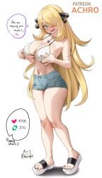 1girls achromaru alternate_breast_size blonde_female blonde_hair blonde_hair_female breasts cynthia_(pokemon) daisy_dukes dialogue english_text female game_freak large_breasts long_hair naughty_face nintendo platform_footwear pokemon pokemon_champion pokemon_dppt short_shorts shorts smile strip_game tank_top thighs