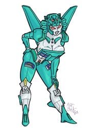 1girls barely_clothed cleavage decepticon female female_focus female_only large_breasts lyzack matseikyo red_eyes robot robot_girl teal_body transformers wide_hips