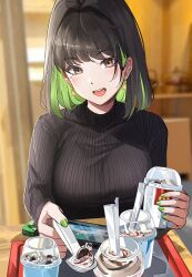 1girl 1girls artist_name black_hair black_sweater blush breasts brown_eyes colored_inner_hair cup dinner_date earrings female fingernails food green_hair green_nails hair_intakes highres holding holding_cup ice_cream jewelry large_breasts lips long_sleeves looking_at_viewer mcdonald's miru_(ormille) mole mole_under_eye multicolored_hair nintendo_switch open_mouth original original_character ormille pink_lips ribbed_sweater short_hair smile solo sweater tagme turtleneck two_tone_hair