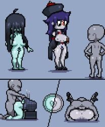 1boy 2girls animated animated_image baldur_89 cum cum_in_pussy cum_inside doggy_style female fertilization ghost ghost_girl green-skinned_female halloween impregnation jiangshi male male/female mating_press monster_girl pixel_art rape sperm_cell the_ring tv yamamura_sadako