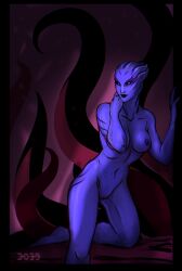 2023 3033 alien alien_humanoid areola artist_name asari blue_body blue_skin breasts collarbone facial_markings female genitals head_markings hi_res humanoid kneeling markings mass_effect nipples not_furry nude on_one_knee pussy solo