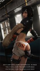 1girls 3d ass athletic athletic_female black_hair brown_eyes cloud_strife crop_top darknessringo elbow_gloves exposed_ass fellatio female_focus female_only final_fantasy final_fantasy_vii final_fantasy_vii_remake headband kunoichi ninja panties pinup pinup_pose pulling_down_pants pulling_down_shorts short_hair short_shorts shoulder_pads surprised tagme thong yuffie_kisaragi