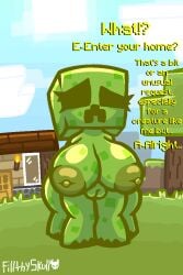 4_legs big_ass big_breasts casual casual_nudity creeper creeper_(minecraft) creeper_girl dialogue female female_only filthyskull green_body green_skin huge_ass huge_breasts inverted_nipples minecraft monster_girl multi_leg multi_limb nude pov public public_nudity shortstack shy timid