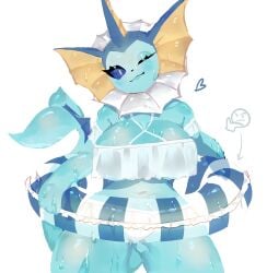 2023 2023s anthro anthrofied big_breasts blue_body blue_eyes blue_skin breasts cleavage clothing digital_drawing_(artwork) eeveelution female female_only fish fish_girl fish_tail game_freak generation_1_pokemon heart nintendo pokémon_(species) pokemon pokemon_rgby simple_background smile smiling_at_viewer swimsuit tagme toge77789 togetoge vaporeon wet wet_body white_background wide_hips wink