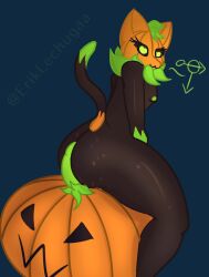 <3_eyes :3 anthro ass curvy_figure elemental_creature eriklechugaa felid feline flora_fauna food fruit girly halloween heart holidays looking_at_viewer looking_back male mammal plant pumkat pumpkin seductive solo