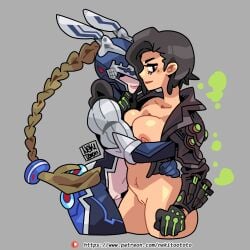 2girls armor black_hair braid braided_hair braided_ponytail breast_press breasts brown_hair bunny_(the_first_descendant) bunny_ears bunny_girl bunnysuit cute female female/female female_focus female_only freyna_(the_first_descendant) full_armor full_body gas gauntlets gloves green_gas half_naked hand_on_waist helmet helmet_covering_face helmet_over_eyes hugging jacket large_breasts lipstick long_hair long_ponytail looking_at_viewer mole mole_under_eye multiple_girls nekitoototo nipples ponytail pussy pussy_lips short_hair shoulder_pads stomach the_first_descendant thick_thighs thighs yuri