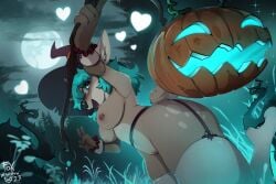 anthro blue_eyes blue_hair breasts clothed clothing danae_(character) deer dutch_angle female foxinshadow full_moon garter_belt garter_straps genitals hair halloween hat headgear headwear heart hi_res holidays inner_ear_fluff jack-o'-lantern legwear light low-angle_view mammal moon moonlight mostly_nude night nipples partially_clothed pussy smile solo stockings thick_thighs thigh_highs tuft witch_hat