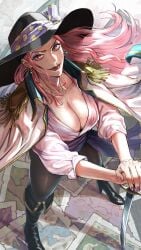 big_breasts big_mom boots charlotte_linlin coat_on_shoulders earrings female female_only hat lipstick looking_at_viewer one_piece painted_nails pink_hair red_lipstick sword tobo_katsuo