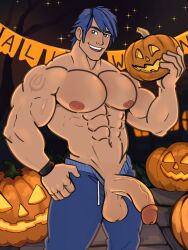 1boy 2023 balls bara bara_tits barazoku big_balls big_penis chrom_(fire_emblem) clothing completely_nude cummytomato fire_emblem fire_emblem_awakening gay halloween hi_res highres holidays jack-o'-lantern jack_o'_lantern kinktober looking_at_viewer male male_focus male_nipples male_only manly muscular_male nipples nude penis pumpkin solo solo_male yaoi