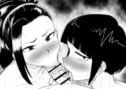 1boy 2girls :>= absurdres asymmetrical_bangs audio_jack bar_censor blunt_bangs blush boku_no_hero_academia breath censored collaborative_fellatio cooperative_fellatio fellatio ffm_threesome furrowed_brow greyscale group_sex hair_pulled_back highres jirou_kyouka kaiman_garupan kyoka_jiro licking licking_penis long_earlobes long_hair looking_at_viewer looking_to_the_side momo_yaoyorozu monochrome multiple_girls my_hero_academia open_mouth oral penis portrait pov saliva short_hair steaming_body straight sweat teamwork threesome tongue tongue_out yaoyorozu_momo