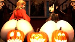 3d ass charlie_morningstar_(hazbin_hotel) crossover gigantic_ass halloween hazbin_hotel hotel_transylvania huge_ass jack-o'-lantern looking_back mavis_dracula pumpkin unski113d