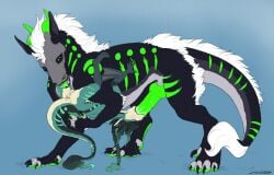 2020 animal_genitalia anthro anthro_on_feral anthro_penetrated anus balls black_body canyne capcom claws duo equine_genitalia felkin fellatio feral feral_penetrating feral_penetrating_anthro flying_wyvern genitals green_horn green_markings green_penis green_tongue horn hybrid knot male male/male markings medial_ring monster_hunter nargacuga oral oral_penetration palamute penetration penile penis sex simple_background size_difference size_play solsticecat220 sucking tail tongue zoophilia