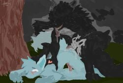 black_fur blue_fur blushing cum cum_inside drool feline fox garden gay ghost_fox_(kaiju_paradise) interspecies kaiju_paradise panther_(kaiju_paradise) tagme