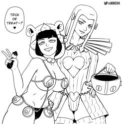 2girls big_breasts boob_window california_king_bed half_naked halloween halloween_costume higashikata_daiya higashikata_hato jojo's_bizarre_adventure jojolion kneehighs multiple_girls nutkingcall ornament stand_(jjba) trick_or_treat walking_heart wide_hips