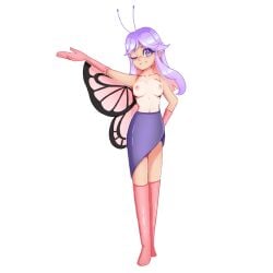 ai_edit ai_generated antennae butterfree_(cosplay) elbow_gloves exposed_breasts kneehigh_boots legs purple_eyes purple_hair shiny_catherine skirt wings