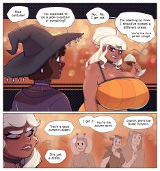 2girls aries_(thedansome) brown_hair dark-skinned_female dark_skin dialogue english_text funny halloween halloween_costume hi_res huge_breasts long_hair red_eyes speech_bubble thedansome tied_hair white_hair witch_hat