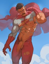 1boy abs absurdres armpit_hair bara bare_pectorals black_hair bodysuit cape ceinordraws enri_(ceinordraws) facial_hair gay girthy_penis gloves half-erect highres invincible invincible_(series) large_pectorals looking_at_viewer male male_focus male_only male_pubic_hair mature_male midair moustache multicolored_hair muscular muscular_male navel nipples nolan_grayson omni-man pectorals penis pubic_hair red_bodysuit red_cape red_gloves sanpaku short_hair solo thick_eyebrows thick_thighs thighs torn_bodysuit torn_clothes tsurime two-tone_bodysuit two-tone_hair uncensored white_bodysuit white_hair