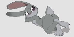 2023 3_toes absurd_res ass ass_up blush countershading disney feet female foot_focus fur genitals grey_body grey_fur hi_res judy_hopps lagomorph leporid long_ears looking_back lying mammal mochii_tiger nipples nude on_front pose pussy rabbit scut_tail short_tail simple_background smile solo tail toes zootopia