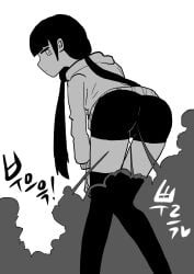 1girls artist_request black_hair clothed expressionless fart fart_fetish farting female female_only hoodie inabakumori looking_at_viewer low_twintails mob_face monochrome mv_character osage-chan shorts solo solo_female source_request thighhighs twintails