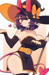 1girls :3 big_breasts black_hair cleavage demon_girl earrings female female_only halloween halloween_costume heart-shaped_pupils hi_res horns j5daigada looking_at_viewer oni oni_horns pointy_ears red_eyes selene_(daigada) smiling smiling_at_viewer solo spiked_collar tail thick_thighs wink winking_at_viewer witch_costume witch_hat