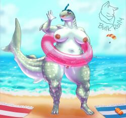 4_fingers anthro areola beach big_breasts blue_eyes blush breasts bulkrolly carpet_shark cloud eyelashes female fingers fish floatie genitals gills grey_body grey_scales hi_res huge_breasts inflatable marine navel nipples nude open_mouth pink_areola pink_nipples pink_pussy pussy sand scales sea seaside shark sky snorkel solo spots spotted_body thick_thighs vein veiny_breasts water whale_shark white_body white_scales white_spots wide_hips