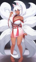 1girls breasts chikaretsu commission dark-skinned_female female fluffy_tail fox_ears fox_girl huge_breasts kemonomimi kimono kitsune multiple_tails original original_character tail tan-skinned_female tan_skin white_hair