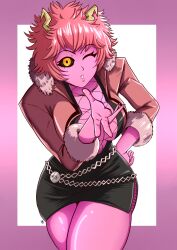 1girls :o black_sclera blowing_kiss breasts cleavage colored_sclera colored_skin cosplay crossed_legs female_focus fur_trim highres horns jacket king_of_fighters king_of_fighters_xv kmkz-art large_breasts looking_at_viewer mina_ashido my_hero_academia one_eye_closed open_mouth pink_hair pink_jacket pink_lips pink_skin shermie_(cosplay) shermie_(kof) short_hair skirt smile solo standing teeth thick_thighs thighs yellow_eyes