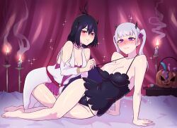 2girls ahoge alternate_costume big_breasts black_clover black_hair blush breast_size_difference breasts costume_swap costume_switch dildo female female_only hito_clover horns large_breasts looking_at_viewer medium_breasts multiple_girls nipples noelle_silva noelle_silva_(cosplay) panties purple_eyes red_eyes secre_swallowtail secre_swallowtail_(cosplay) sex_toy shiny_skin short_hair silver_hair smile thick_thighs thighs thong twintails