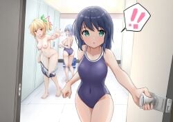 ! 3girls :o ^^^ accidental_pervert ass blonde_hair blue_hair blue_one-piece_swimsuit blush breasts changing changing_room collarbone covered_navel embarrassed female female_only green_eyes green_ribbon hair hair_ribbon large_breasts locker locker_room looking_at_viewer looking_back medium_breasts medium_hair multiple_girls naked navel new_school_swimsuit nipples nude one-piece_swimsuit open_door opening_door original original_character original_characters outstretched_arm partially_undressed pubic_hair raraserara reaching reaching_towards_viewer red_eyes ribbon school_swimsuit side_ponytail sidelocks spoken_exclamation_mark strap_pull swimsuit undressing yellow_eyes