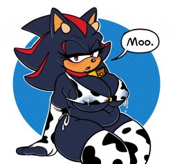 1girls anthro belly black_hair bra breasts chubby chubby_female cleavage collar cow_bell cow_bra cow_horns cowbell fat female female_focus female_only furry hedgehog hedgehog_humanoid hips jadegullyzone lactation lactation_through_clothes large_breasts milk moo red_eyes rule_63 sega shadow_the_hedgehog sitting sonic_(series) sonic_the_hedgehog_(series) stockings stomach text text_bubble thick_thighs thighs wide_hips